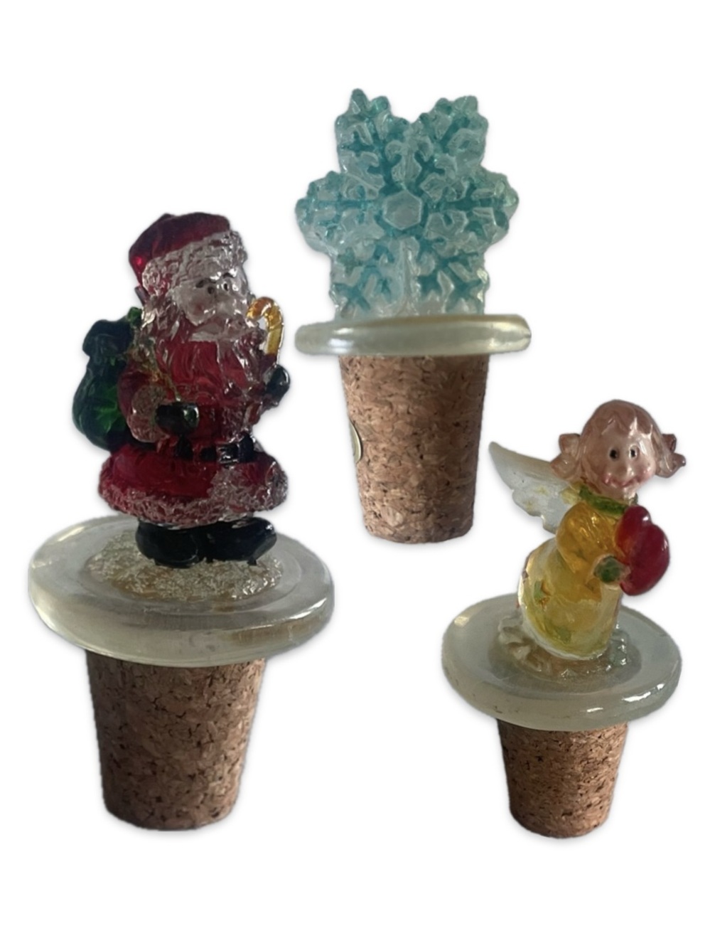 Holiday Polyresin Wine Bottle Toppers Set of 3 Santa Angel Snowflake NWT